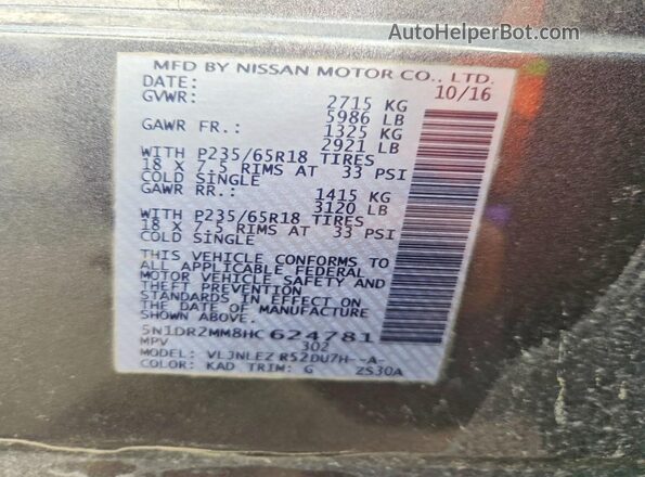 5N1DR2MM8HC624781 2017 NISSAN PATHFINDER Gray VIN կոդի պիտակի տեսք