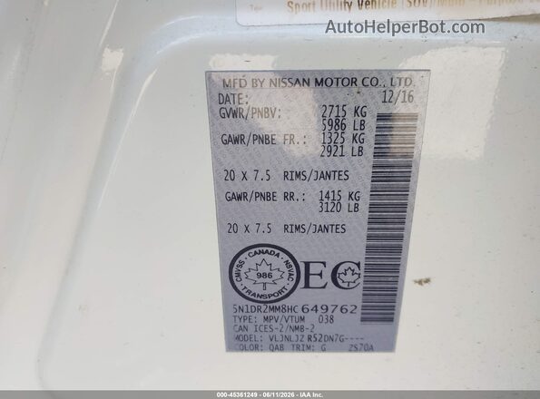 5N1DR2MM8HC649762 2017 NISSAN PATHFINDER Белый Вид подкапотного пространства