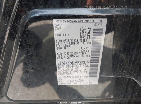 5N1DR2MM8HC663449 2017 NISSAN PATHFINDER Black Vista del compartimento del motor