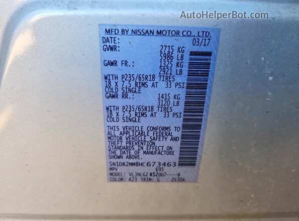 5N1DR2MM8HC673463 2017 NISSAN PATHFINDER Silver VIN կոդի պիտակի տեսք