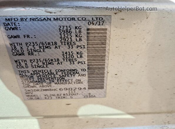 5N1DR2MM8HC690294 2017 NISSAN PATHFINDER Silver Вид наклейки з VIN-кодом