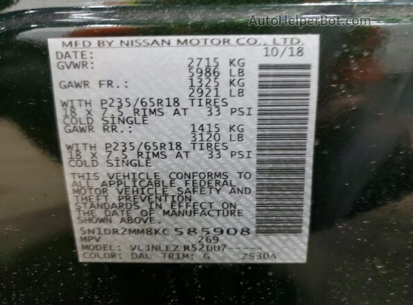 5N1DR2MM8KC585908 2019 NISSAN PATHFINDER Green 