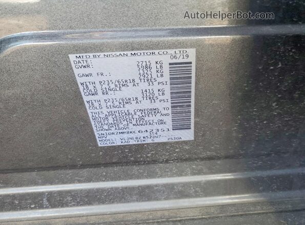 5N1DR2MM8KC642351 2019 NISSAN PATHFINDER Black Вид наклейки з VIN-кодом
