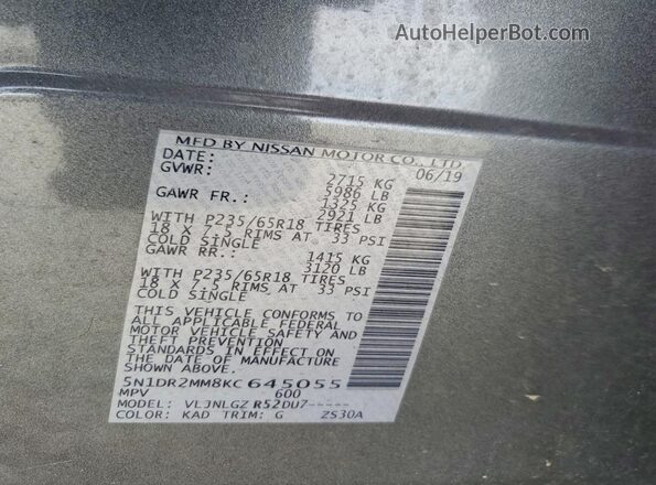 5N1DR2MM8KC645055 2019 NISSAN PATHFINDER Gray VIN კოდის სტიკერის ხედი