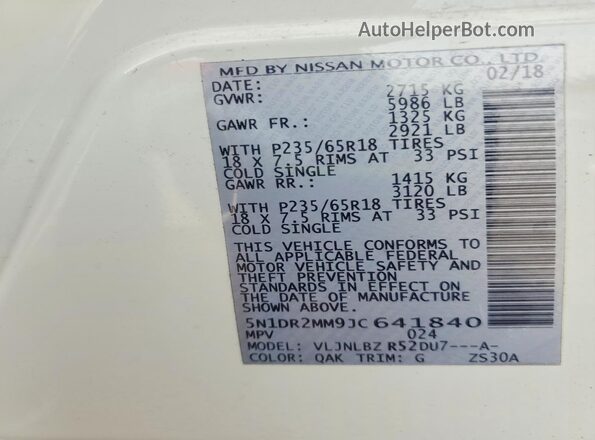 5N1DR2MM9JC641840 2018 NISSAN PATHFINDER White 