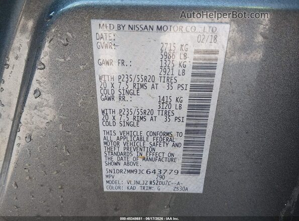 5N1DR2MM9JC643779 2018 NISSAN PATHFINDER Gray Вид підкапотного простору