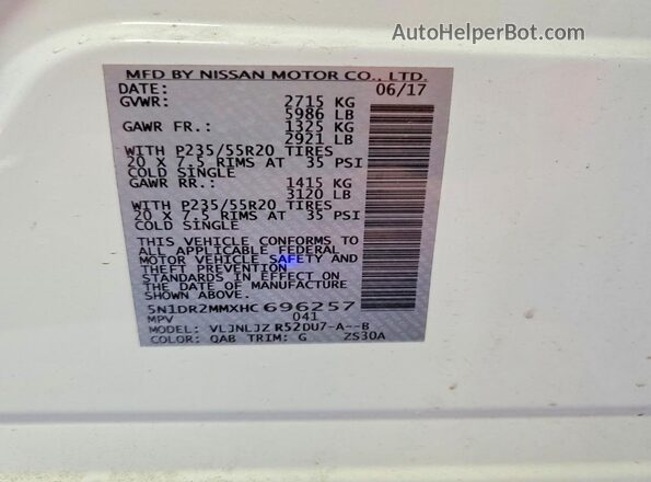 5N1DR2MMXHC696257 2017 NISSAN PATHFINDER White Սալոնի 360 աստիճան տեսք