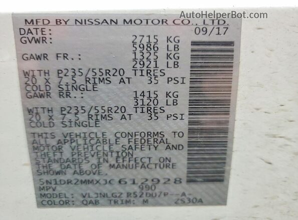 5N1DR2MMXJC612928 2018 NISSAN PATHFINDER White Vista de la etiqueta del VIN