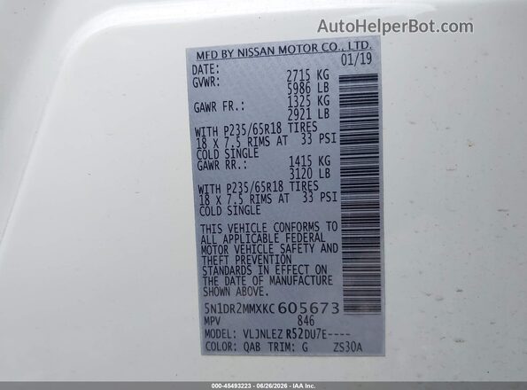 5N1DR2MMXKC605673 2019 NISSAN PATHFINDER White Вид підкапотного простору