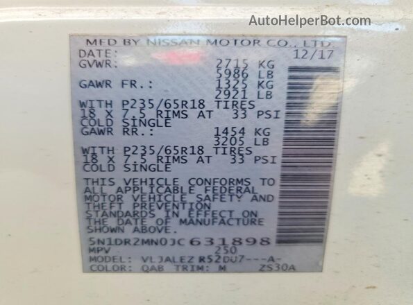 5N1DR2MN0JC631898 2018 NISSAN PATHFINDER White Vista de la etiqueta del VIN