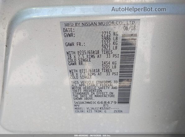5N1DR2MN0JC668479 2018 NISSAN PATHFINDER Серебряный Вид подкапотного пространства