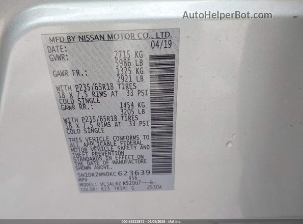 5N1DR2MN0KC623639 2019 NISSAN PATHFINDER Silver Widok komory silnika