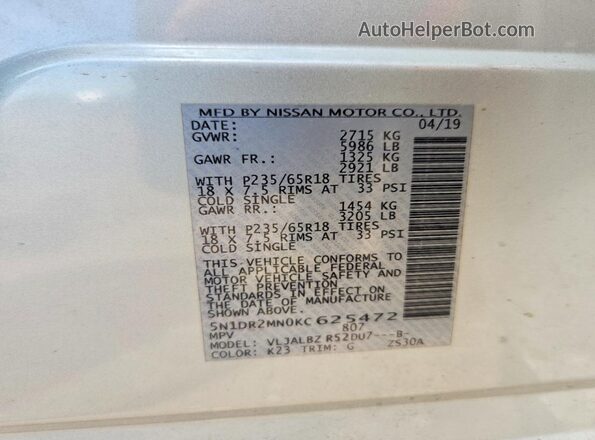 5N1DR2MN0KC625472 2019 NISSAN PATHFINDER Silver Widok naklejki z numerem VIN