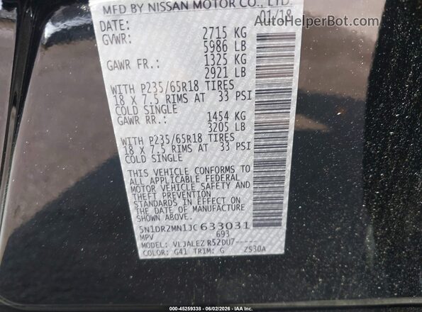 5N1DR2MN1JC633031 2018 NISSAN PATHFINDER Black 