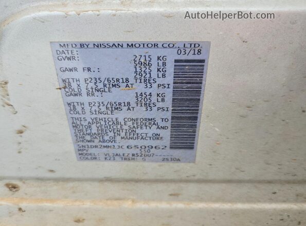 5N1DR2MN1JC650962 2018 NISSAN PATHFINDER Серебряный Вид наклейки с VIN-кодом