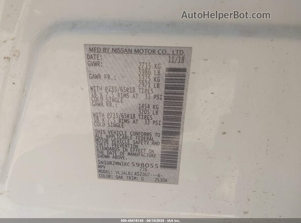 5N1DR2MN1KC598055 2019 NISSAN PATHFINDER White Widok komory silnika