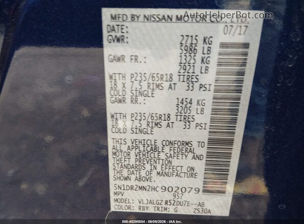 5N1DR2MN2HC902079 2017 NISSAN PATHFINDER Blue Widok komory silnika
