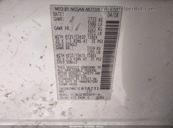 5N1DR2MN2JC658231 2018 NISSAN PATHFINDER Silver Շարժիչի բաժամունքի տեսք