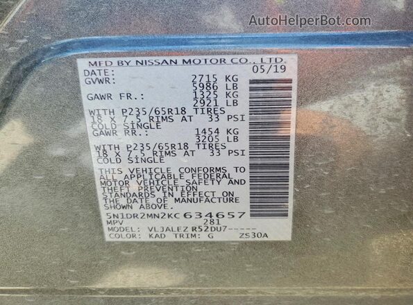 5N1DR2MN2KC634657 2019 NISSAN PATHFINDER Gray 