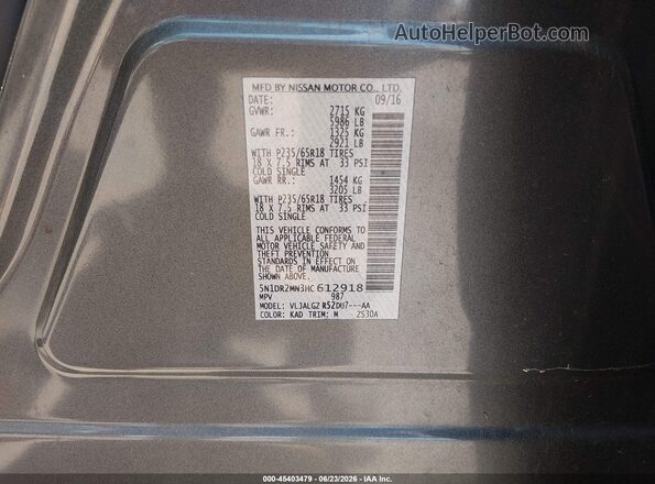 5N1DR2MN3HC612918 2017 NISSAN PATHFINDER Gray Vista del compartimento del motor