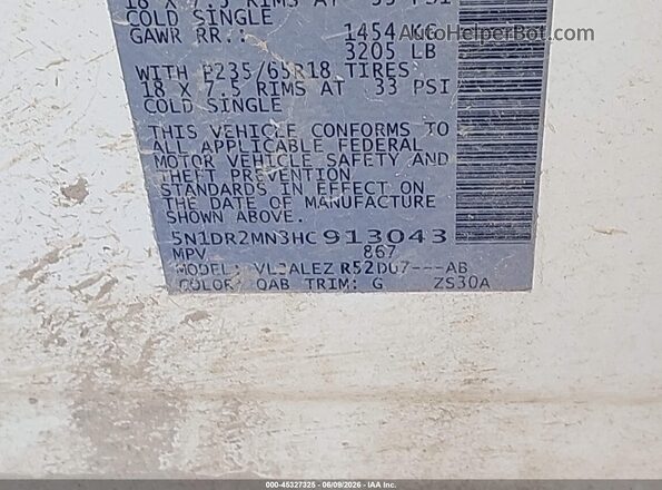 5N1DR2MN3HC913043 2017 NISSAN PATHFINDER White Вид підкапотного простору