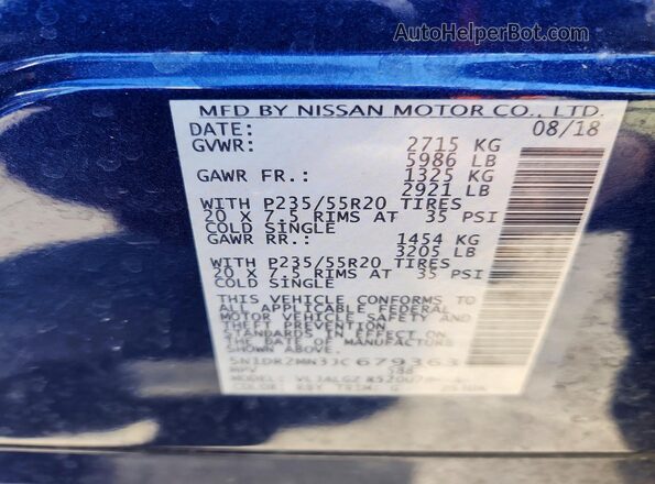 5N1DR2MN3JC679363 2018 NISSAN PATHFINDER Blue VIN կոդի պիտակի տեսք
