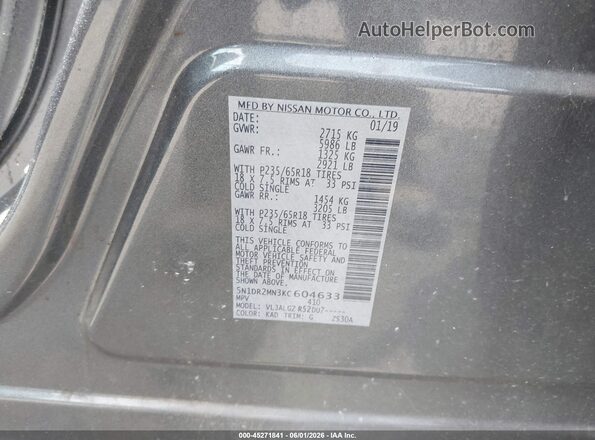 5N1DR2MN3KC604633 2019 NISSAN PATHFINDER Gray Engine compartment view
