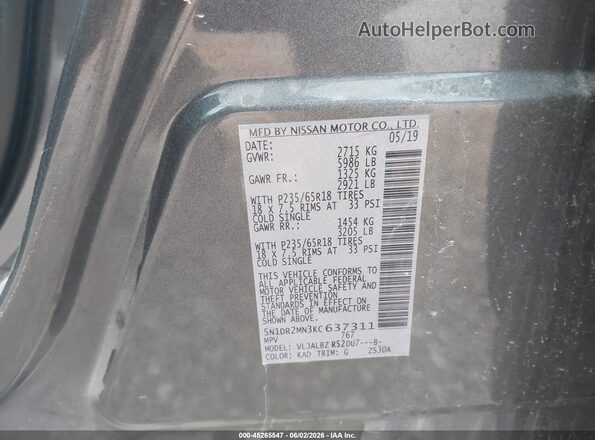 5N1DR2MN3KC637311 2019 NISSAN PATHFINDER Серый 