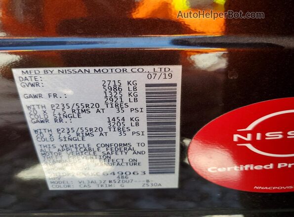 5N1DR2MN4KC649063 2019 NISSAN PATHFINDER Maroon 