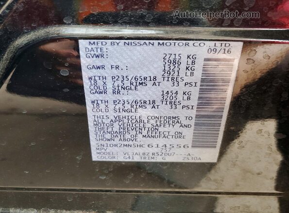 5N1DR2MN5HC614556 2017 NISSAN PATHFINDER Black Вид наклейки з VIN-кодом