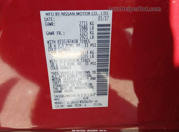 5N1DR2MN5HC659187 2017 NISSAN PATHFINDER Red Vista del compartimento del motor
