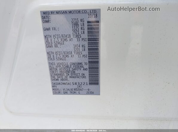 5N1DR2MN5KC583221 2019 NISSAN PATHFINDER White Widok komory silnika