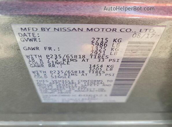 5N1DR2MN6JC606021 2018 NISSAN PATHFINDER Gray VIN sticker view
