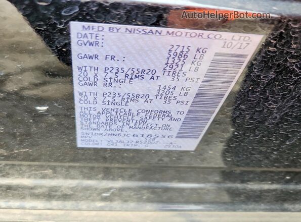 5N1DR2MN6JC618556 2018 NISSAN PATHFINDER Black VIN կոդի պիտակի տեսք