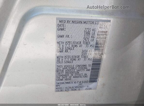 5N1DR2MN6JC674500 2018 NISSAN PATHFINDER Silver ძრავის განყოფილების ხედი