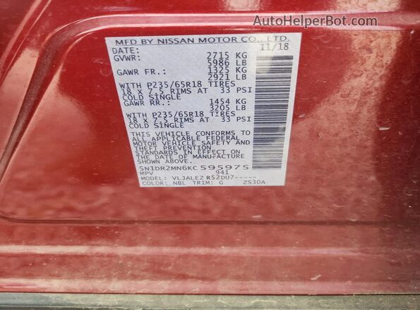 5N1DR2MN6KC595975 2019 NISSAN PATHFINDER Red Панорамний вид салону 360°