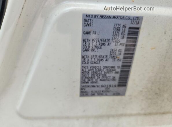 5N1DR2MN7KC601816 2019 NISSAN PATHFINDER White Вид наклейки з VIN-кодом
