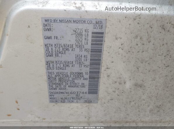 5N1DR2MN7KC603744 2019 NISSAN PATHFINDER Gray ძრავის განყოფილების ხედი