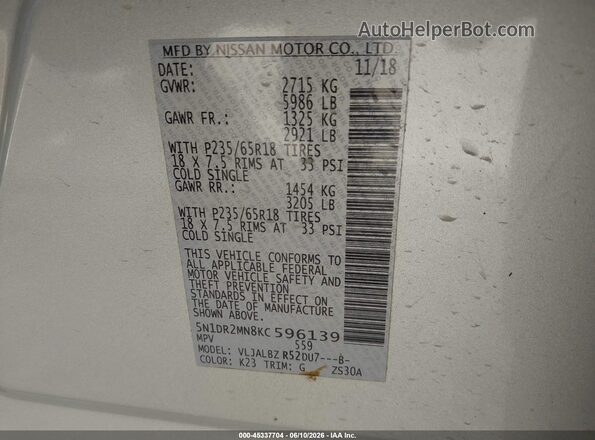 5N1DR2MN8KC596139 2019 NISSAN PATHFINDER Silver Vista del compartimento del motor