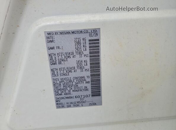5N1DR2MN8KC607107 2019 NISSAN PATHFINDER White VIN կոդի պիտակի տեսք