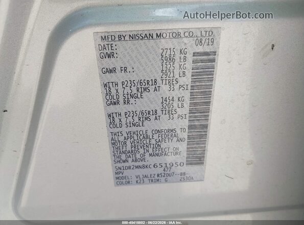 5N1DR2MN8KC651950 2019 NISSAN PATHFINDER Silver Widok komory silnika