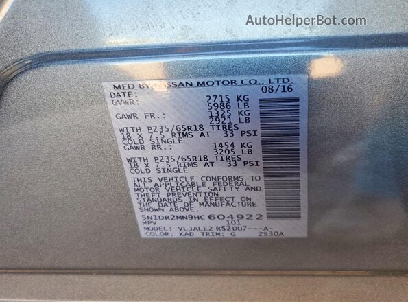 5N1DR2MN9HC604922 2017 NISSAN PATHFINDER Gray 