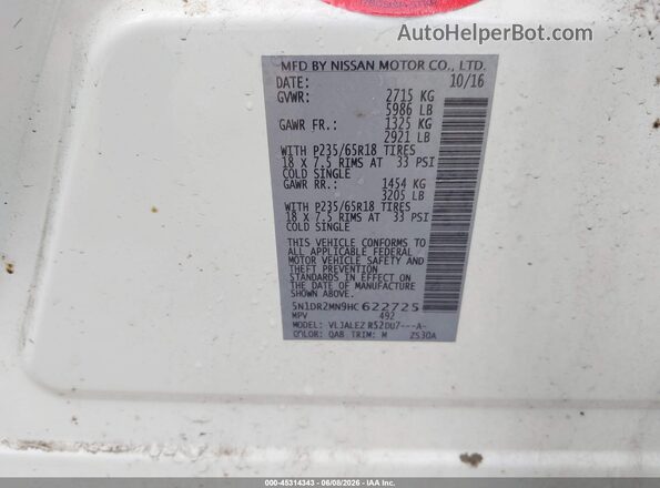 5N1DR2MN9HC622725 2017 NISSAN PATHFINDER White ძრავის განყოფილების ხედი