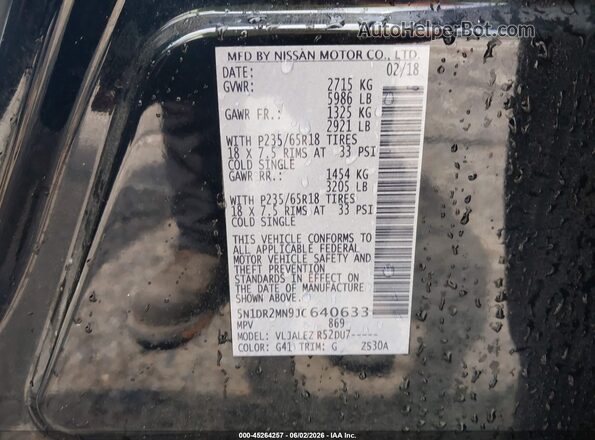 5N1DR2MN9JC640633 2018 NISSAN PATHFINDER Black ძრავის განყოფილების ხედი