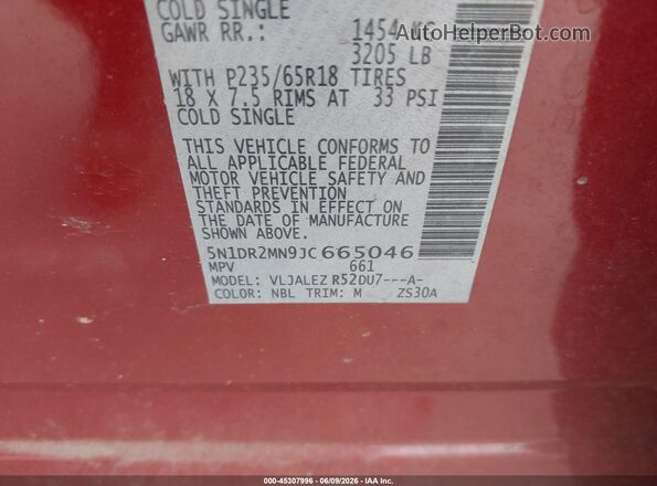 5N1DR2MN9JC665046 2018 NISSAN PATHFINDER Burgundy Вид підкапотного простору