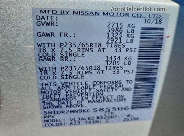 5N1DR2MN9KC585506 2019 NISSAN PATHFINDER Silver VIN sticker view