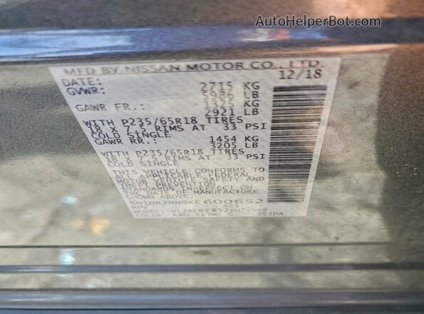 5N1DR2MN9KC600652 2019 NISSAN PATHFINDER Gray Vista de la etiqueta del VIN
