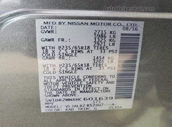 5N1DR2MNXHC601639 2017 NISSAN PATHFINDER Gray Widok naklejki z numerem VIN