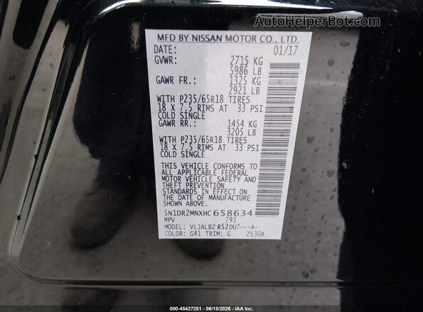 5N1DR2MNXHC658634 2017 NISSAN PATHFINDER Black Vista del compartimento del motor
