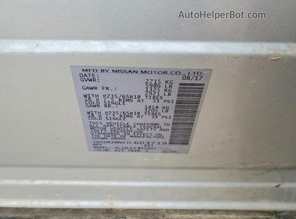 5N1DR2MNXJC603719 2018 NISSAN PATHFINDER Серебряный Вид наклейки с VIN-кодом